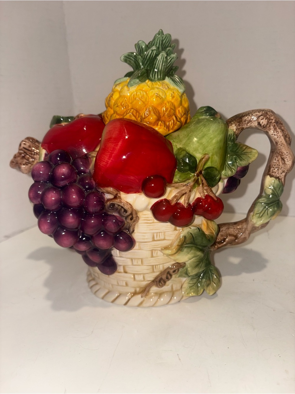 Decorative Fruit Basket Ceramic Pitcher - Red, Purple, Yellow, Green- Vintage